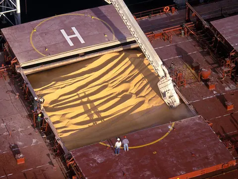 Looking down into a ship's open hold of grain, two workers on deck